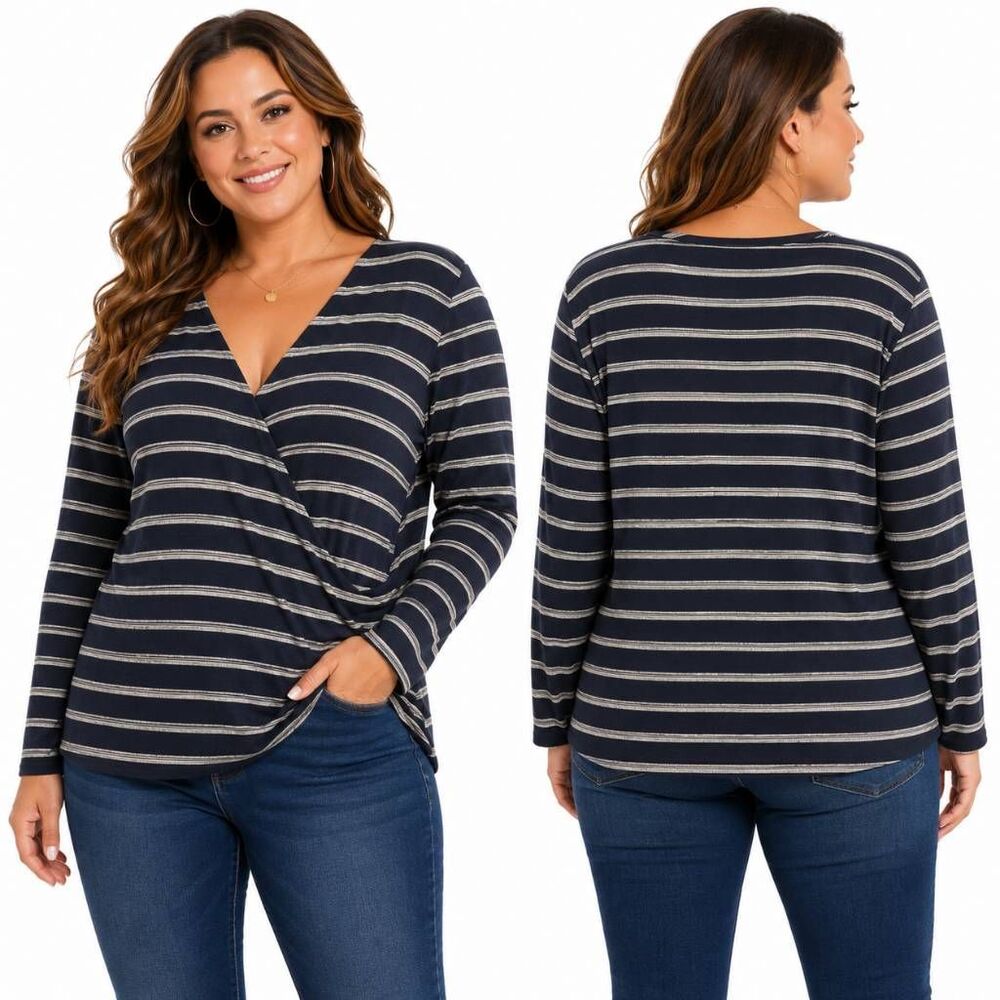 Lucky Brand Striped Faux Wrap Top XL Navy